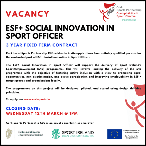 ESF+ Social Innovation in Sport Officer advert with Cork Sports Partnership.