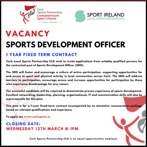 Sports Development Officer vacancy graphic with job description and closing date.