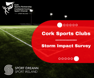 Image of a playing pitch with floodlights with logos and text titled 'Cork Sports Club - Storm Impact Survey'