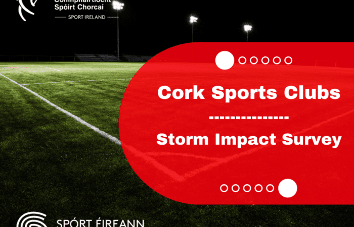 Image of a playing pitch with floodlights with logos and text titled 'Cork Sports Club - Storm Impact Survey'